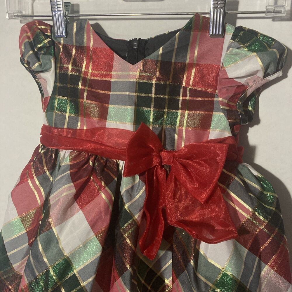 BONNIE BABY red gold multicolor plaid v-neck short sleeve holiday dress 24M - Picture 2 of 9